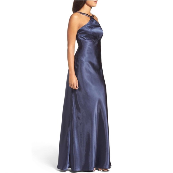 Xscape Charmeuse Halter Lace back Gown - Picture 2 of 7